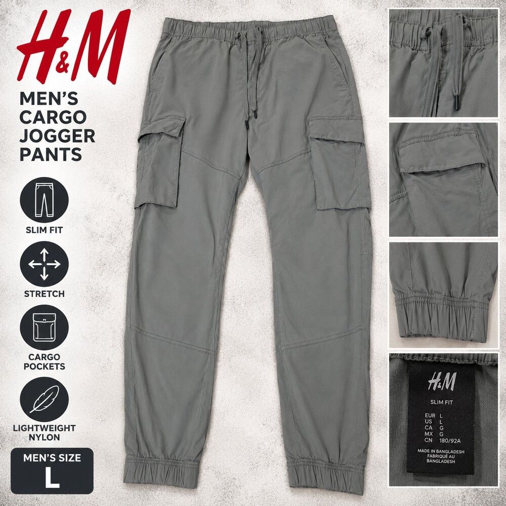 H&M Men's L Slim Fit Nylon Cargo Jogger Pants Gray Stretch Utility